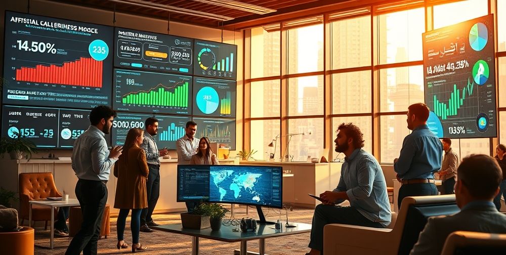 A dynamic, realistic scene of a modern Iranian co-working space, with Persian professionals discussing over digital displays filled with AI data charts, e-commerce stats, and smart business models, reflecting local adaptation of AI.