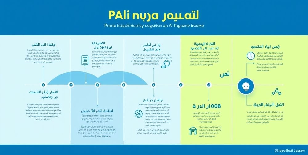 A creatively designed infographic in Persian, visually mapping a practical step-by-step AI income journey: from brainstorming, tool selection, project launch, user feedback, to passive income generation, clean and motivational.