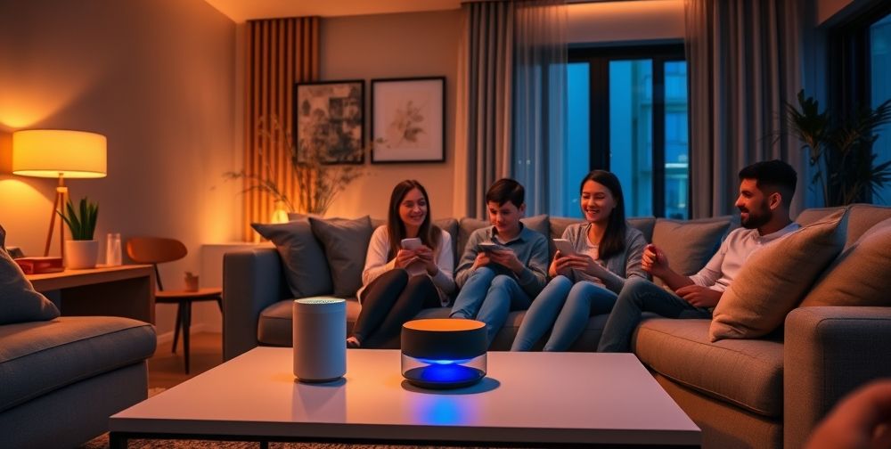 A cozy smart home environment at night, with soft ambient lights, a voice-activated assistant on the table, eco-friendly gadgets, and a family interacting with personalized digital devices.