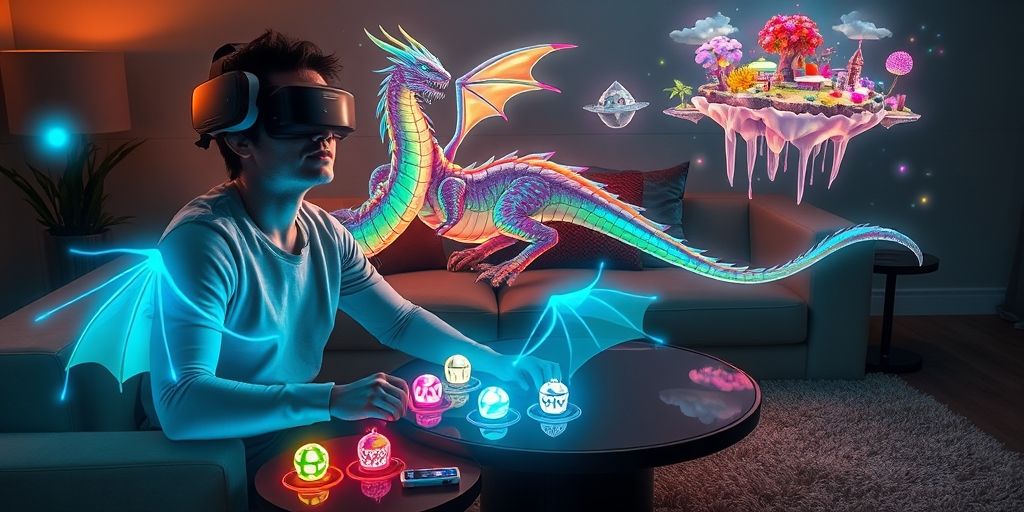A person wearing a VR headset with holographic game elements spilling into real world: a dragon perched on a sofa, floating islands above dining table, and glowing power-ups on carpet, blending virtual and physical seamlessly.