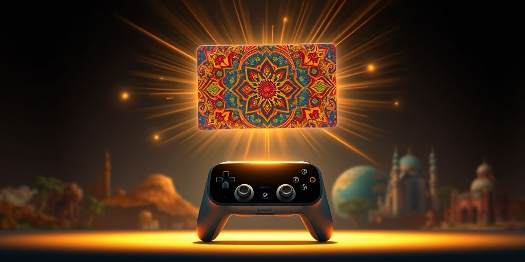 A vibrant Persian-themed digital gift card floating above a controller and VR headset, with golden rays connecting to game worlds, symbolizing access and possibilities.