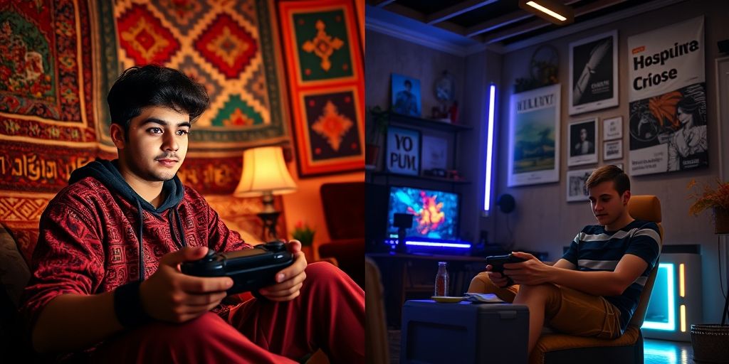 A split-screen image showing two Persian teenagers, each in their own distinctively decorated room, communicating and playing cooperatively via gaming consoles, connected by a digital chat overlay, emphasizing global friendship.