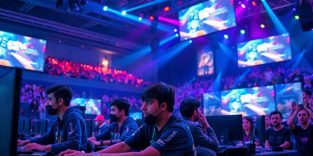 A dynamic eSports tournament scene with diverse Persian players and an excited audience, vibrant stage lights, large gaming screens, and friends cheering, illustrating the social aspect of competitive gaming in Iran.