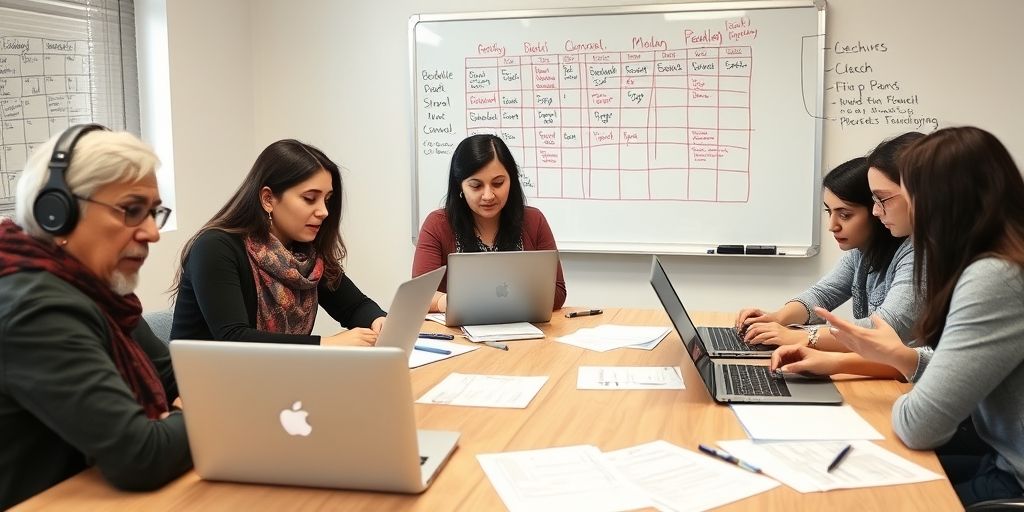 Persian school administrators and teachers collaborating around a table with laptops and printed schedules, visually stressed but engaged. Whiteboard in background shows scheduling conflicts with red markers.