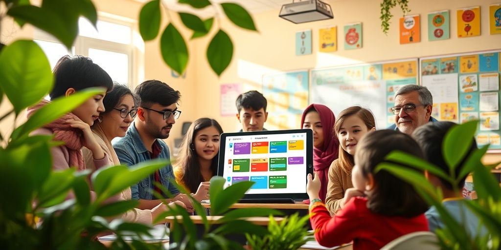 A diverse group of Iranian teachers and parents discussing a digital tablet showing a color-coded weekly schedule during a PTA meeting, with plants and educational posters in background.