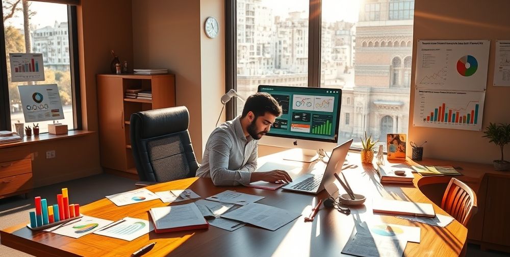 A detailed scene showing a Persian writer using AI-powered content tools on a computer, surrounded by charts, analytics dashboards, and engaging digital content drafts, in a sunlit modern office.