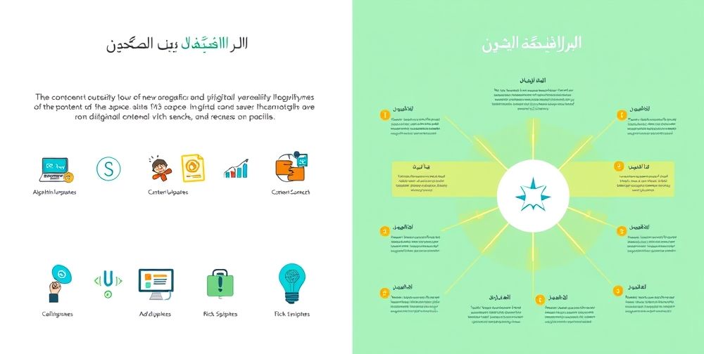 A modern infographic with two contrasting panels: one side showing the challenges (algorithm updates, content duplication), the other side new opportunities like voice search, rich snippets—all labeled in Persian.
