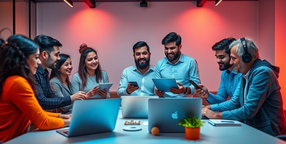 An inviting scene of a Persian content creator sharing an AI-powered SEO article with colleagues via mobile devices and laptops, everyone engaged, vibrant colors, modern office ambiance.