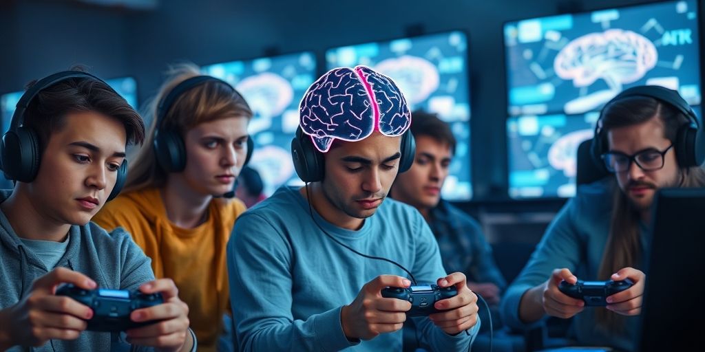A diverse group of gamers looking exhausted in front of multiple glowing screens, with AI brain-shaped wires connecting to game controllers, symbolizing addiction mechanisms.
