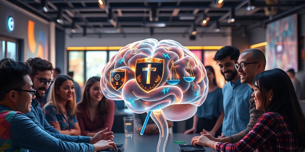 Diverse game developers and players collaborating around a transparent AI brain model with ethical symbols like scales and shields integrated.