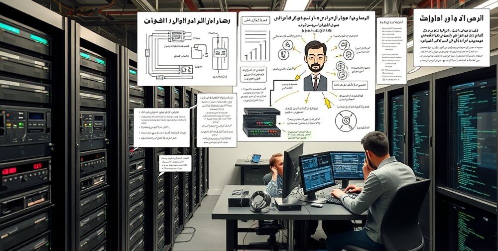A detailed cross-section of AI infrastructure: servers, GPUs, spinning data disks, code on screens, and engineers working late surrounded by Persian-language diagrams, illustrating real-world AI deployment challenges.