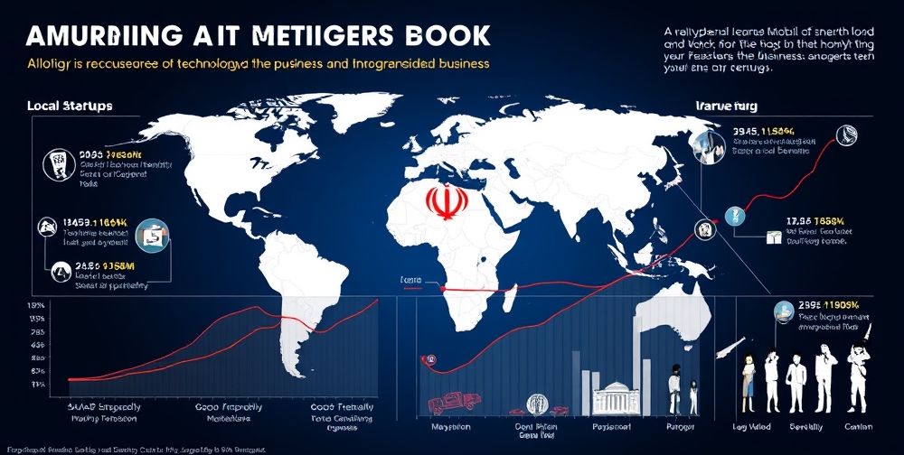 A vibrant infographic showing global and local AI startups: world map, Iranian flag, revenue growth curves, plus cultural icons representing technology’s integration into Persian society and business.