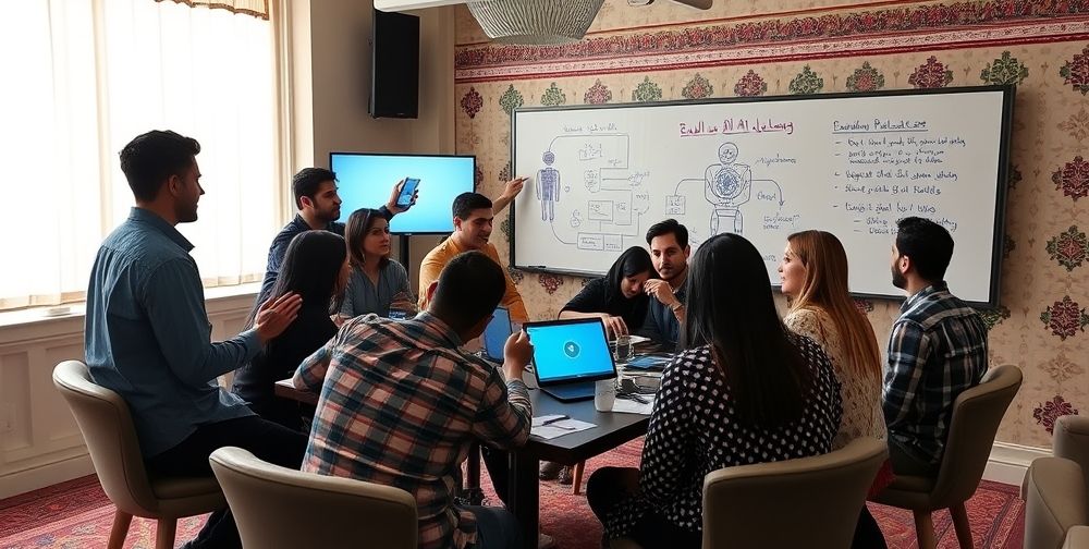 A hopeful, collaborative scene: Iranian entrepreneurs celebrating small AI successes, surrounded by digital screens, Persian motifs, and a whiteboard brainstorming future innovation strategies together.