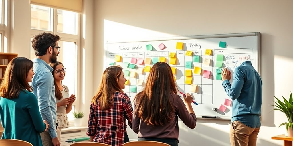 A diverse group of Iranian teachers collaboratively planning a school timetable on a large whiteboard in a staff room, with colorful markers and sticky notes representing different subjects and activities.
