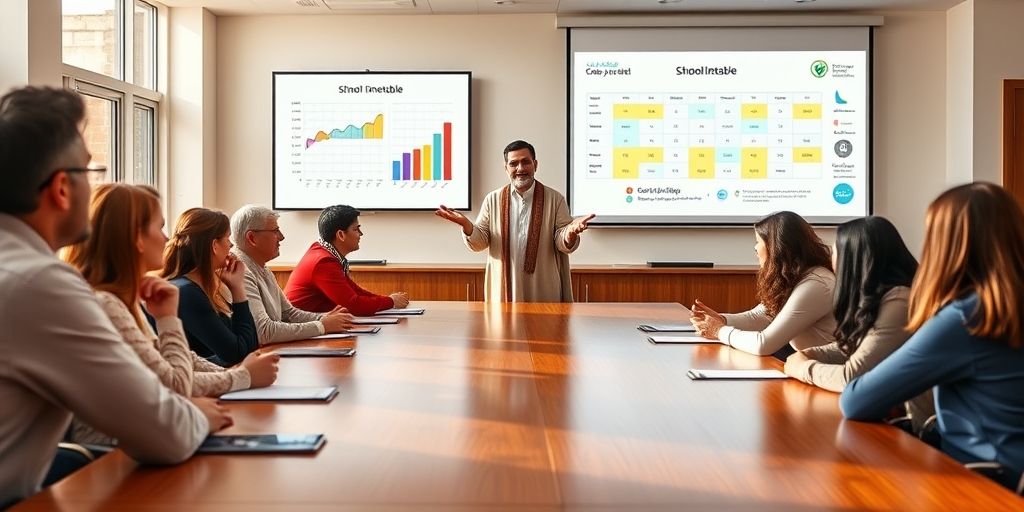 An Iranian principal presenting a well-designed school timetable to teachers and parents during a meeting, with charts and graphs showing improved student performance and satisfaction after implementing the new schedule.