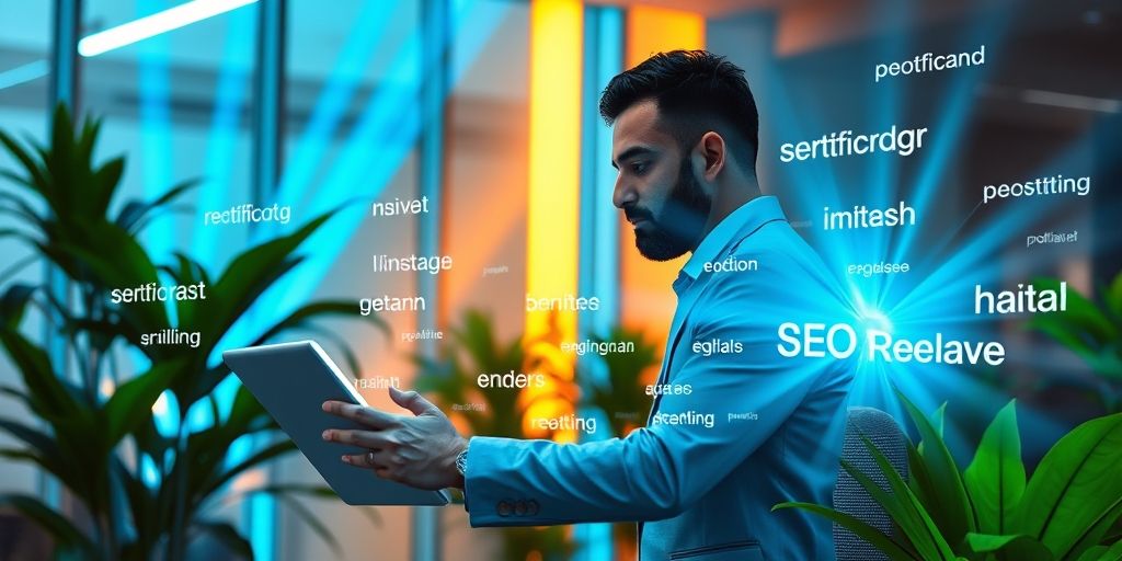 A futuristic Persian digital marketer collaborating with an AI hologram interface, surrounded by floating SEO keywords in Persian and English, vibrant blue and orange light rays, modern office background with plants.