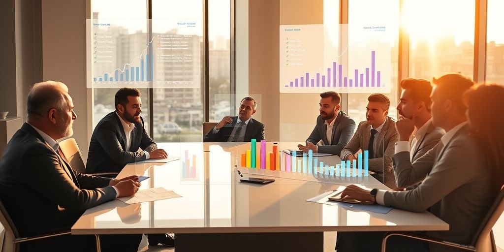 A diverse group of Iranian professionals discussing around a table with AI-generated SEO analytics floating above, showing Persian keywords and ranking graphs, sunlight through windows.