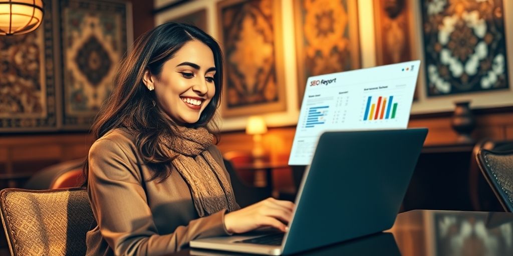 An Iranian woman smiling while reviewing AI-generated SEO report on her laptop in a cozy cafe, with traditional Persian elements in background, warm lighting.