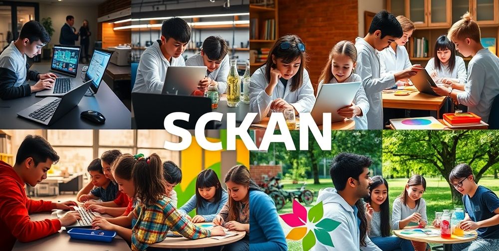A collage of diverse Iranian school activities: students coding on laptops, participating in science lab experiments, painting in art class, and relaxing outside; dynamic composition with bright, motivating mood.