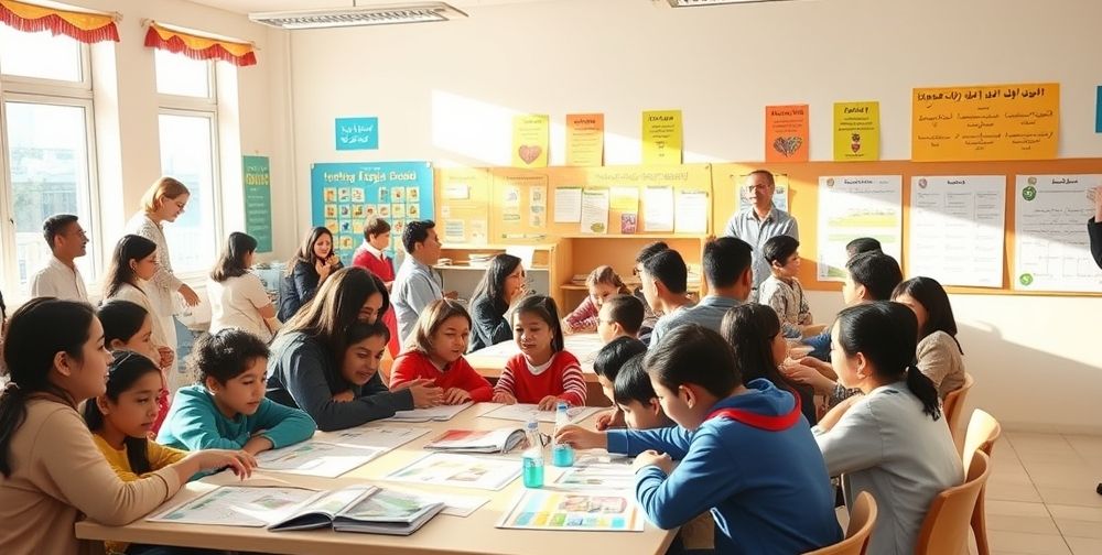 A warm, inviting Iranian school event: parents, teachers, and happy students discussing together around tables, posters of innovative weekly schedules on walls, natural light streaming in, atmosphere of collaboration and hope.