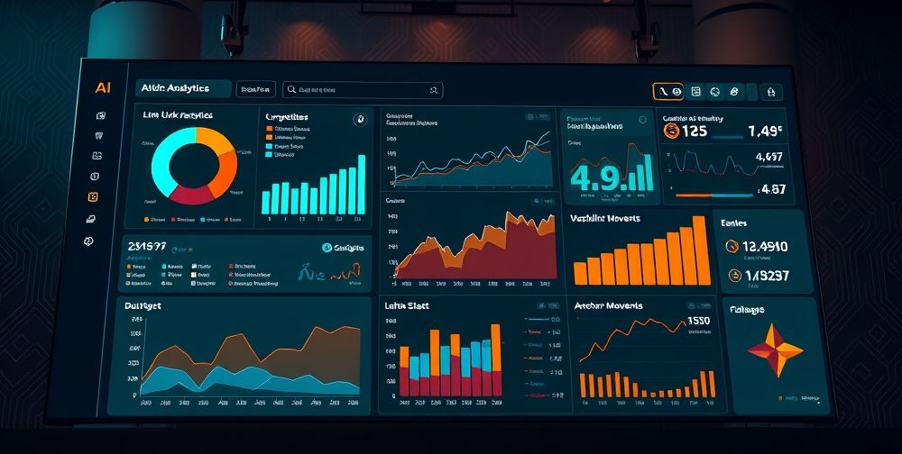 A sleek dashboard view depicting advanced AI analytics for backlink strategies: charts tracking link diversity, anchor text variation, competitor movement, and suggestion bubbles, all in a modern Persian UI aesthetic.