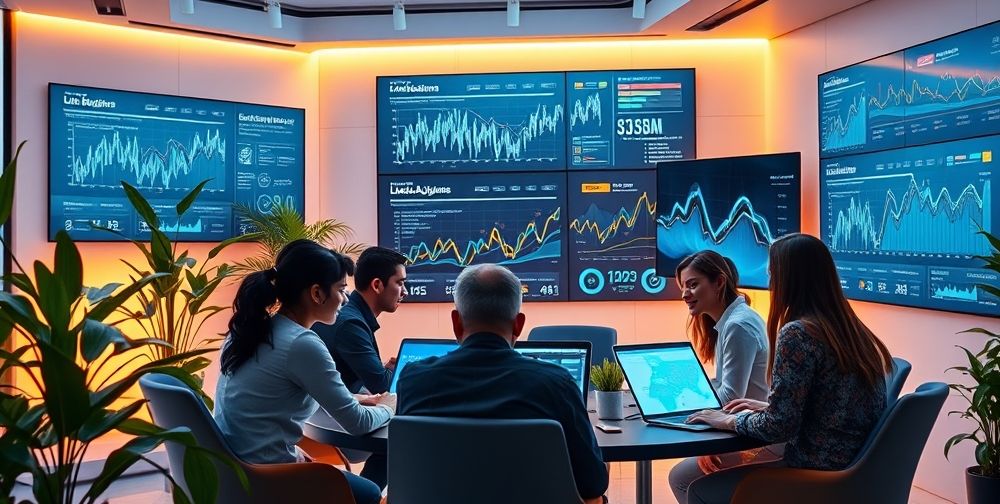 A futuristic Persian workspace scene showing digital marketers collaborating with AI assistants on laptops, large screens displaying link-building data, and modern Persian calligraphy elements accentuating innovation and teamwork.