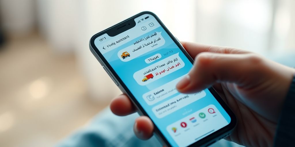 A friendly AI chatbot interface on a smartphone screen, showing a Persian language conversation about package tracking, with delivery truck animations and clear ETA information displayed.