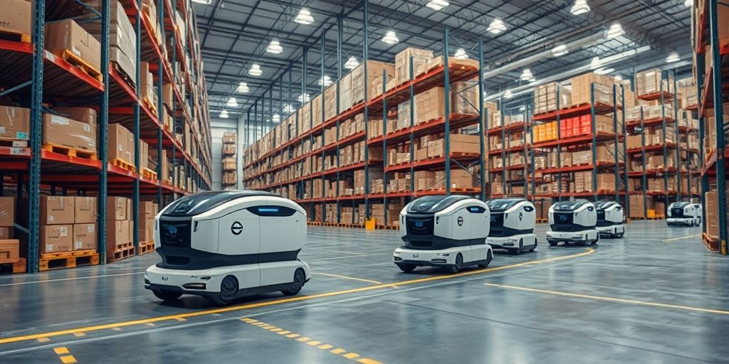 Autonomous robots in a modern warehouse moving shelves efficiently, with AI pathfinding lines visible on the floor and digital inventory management screens in the background.