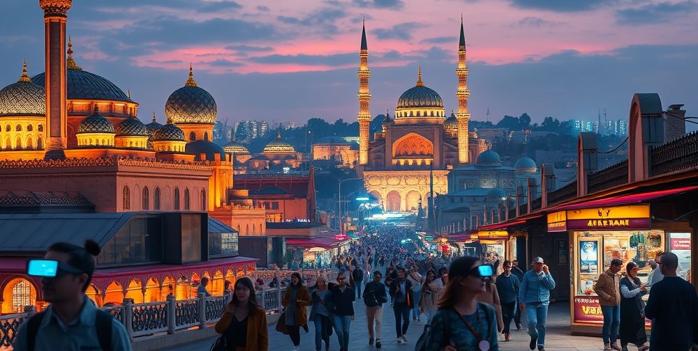 A futuristic cityscape blending Iranian historical architecture with digital overlays, AR/VR guides highlighting points of interest, tourists wearing smart glasses, and local vendors benefiting from AI-driven recommendations.