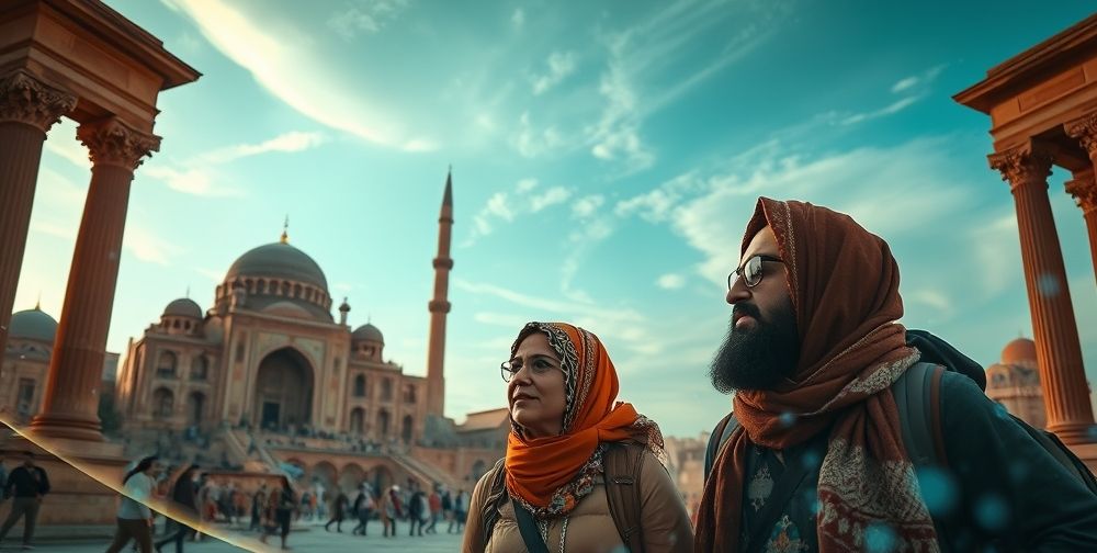 A thoughtful depiction of Iranian travelers contemplating privacy and ethical AI use in travel, with digital data streams and cultural elements delicately interwoven against a backdrop of iconic tourist sites.