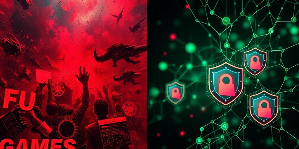 A split-screen image: left side shows chaotic game fraud symbols crossed out in red, right side shows organized green security shields with AI neural network connections, symbolizing transformation from chaos to order.