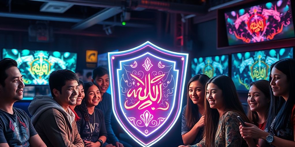 Diverse group of gamers of different ages and genders collaborating around a glowing AI-powered shield, with Persian gaming interfaces visible, showing community protection.