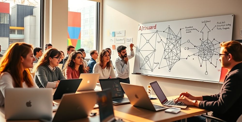 A vibrant training classroom with Iranian professionals, mixed genders, learning about AI on laptops and whiteboards, with teacher illustrating neural network diagrams, excitement on faces, emphasizing education and empowerment.