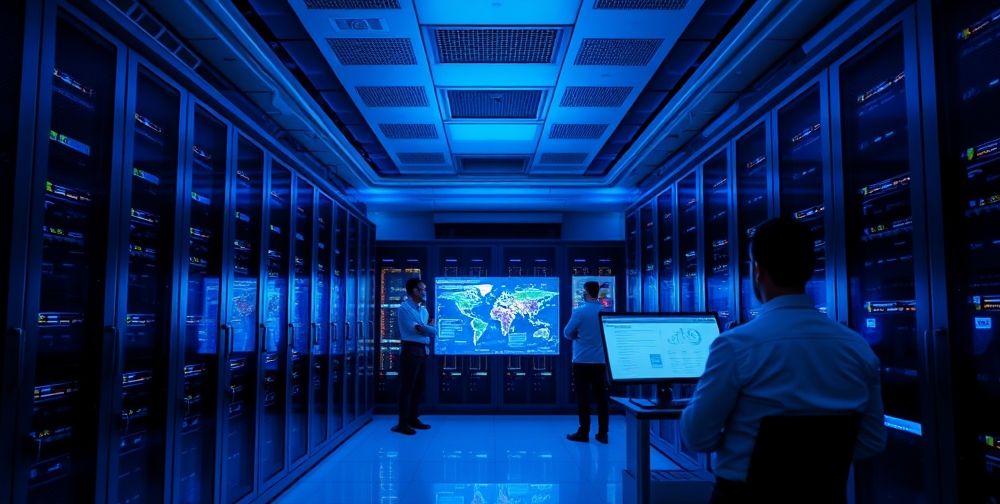 A server room with blue ambient lighting, racks of modern hardware, Iranian tech specialists monitoring real-time data dashboards on screens, emphasizing security, data integrity, and next-generation infrastructure for AI initiatives.
