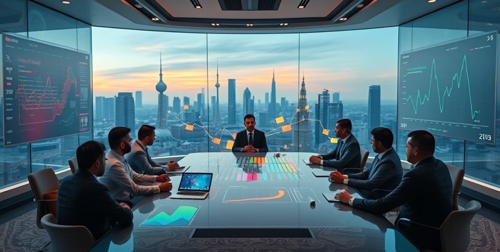 A futuristic boardroom in Tehran, digital screens show AI performance charts, managers discuss future scaling of AI, traditional Persian motifs in decor, blending modern innovation with Iranian culture for a visionary atmosphere.