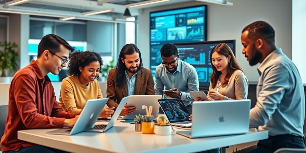 A diverse group of professionals collaborating using various AI tools on laptops and tablets in a modern workspace, showing practical applications like content creation, data analysis, and design.
