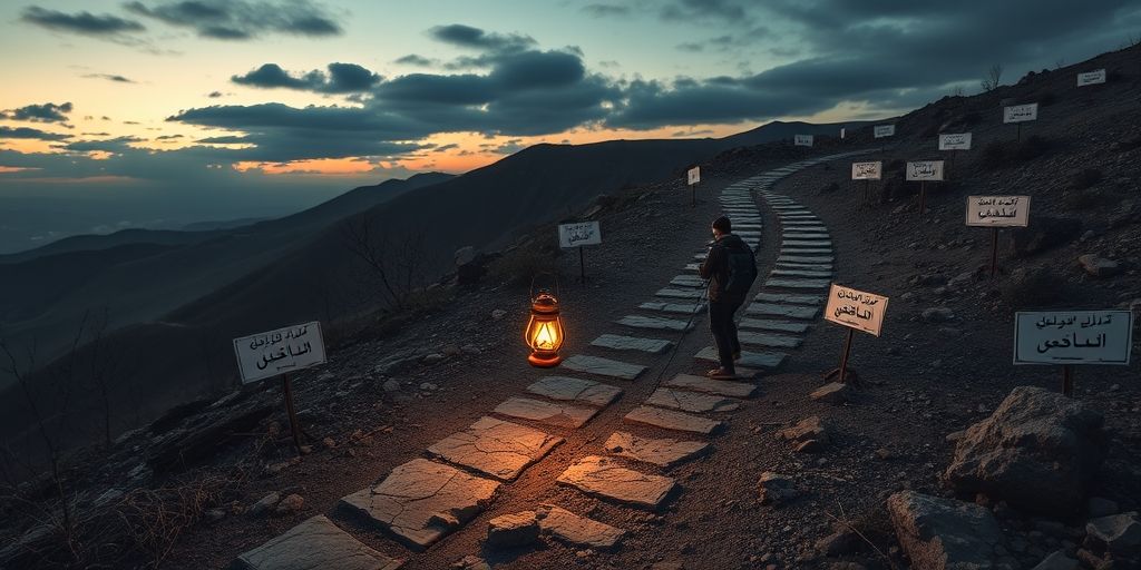 A winding road with obstacles labeled in Persian: نیاز به مهارت, رقابت شدید, تغییرات سریع, هزینه ابزارها. A determined person is navigating the path with a lantern labeled هوش مصنوعی.