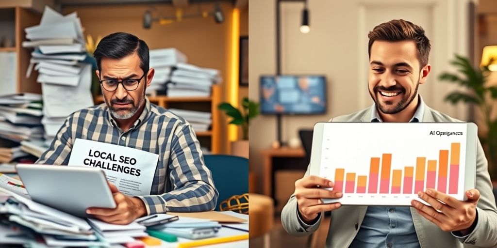 A split image showing a local business owner looking worried at a messy spreadsheet labeled 'Local SEO Challenges' on one side, and on the other side, a smiling owner using a sleek AI tool on a tablet showing rising graphs labeled 'Local SEO Opportunities'.