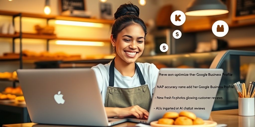 A local bakery owner smiling while optimizing her Google Business Profile on a laptop, with a checklist including NAP consistency, fresh photos, positive reviews, and AI chatbot icons floating above.