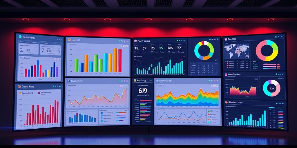 A modern dashboard showing various AI-powered SEO tools in action, with data visualizations, keyword clusters, and content optimization scores displayed on multiple screens.