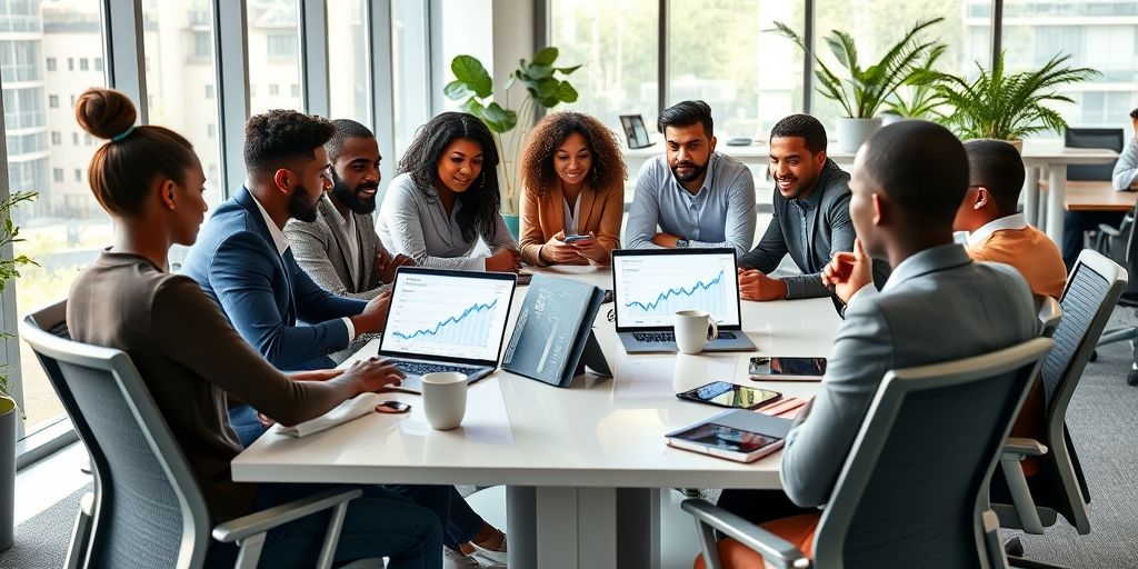 A diverse team of digital marketers collaborating around a table with AI-generated SEO reports, laptops, and coffee cups, showing ethical discussion and teamwork in a modern office setting.