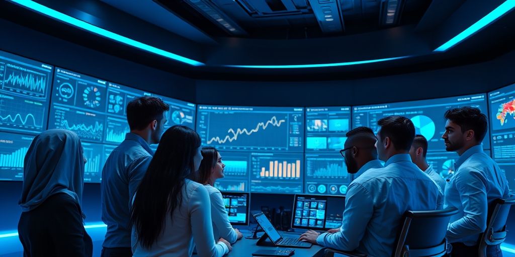 A diverse team of professionals collaboratively analyzing real-time data dashboards on multiple screens, with AI-generated insights and visualizations prominently displayed.