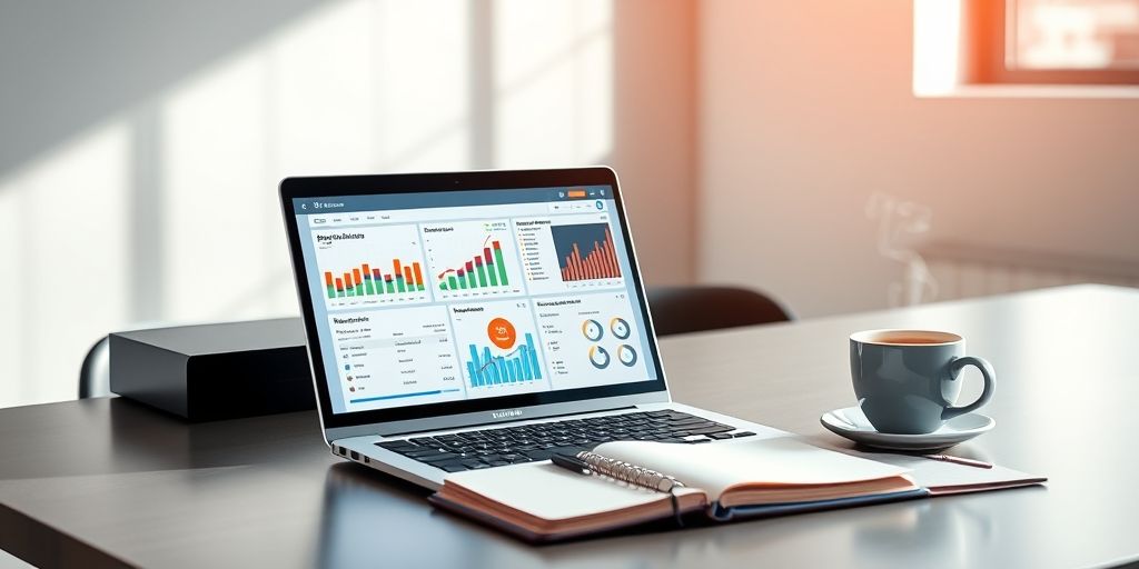 A modern office setting showing a laptop displaying colorful analytics dashboards with AI-generated insights, next to a cup of coffee and notebook, conveying accessible business intelligence.