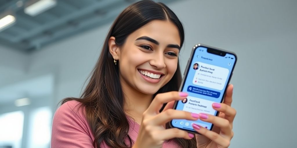 A young Persian woman smiling while interacting with a futuristic AI language learning app on her smartphone, showing colorful progress graphs and conversational interfaces in Persian and English.