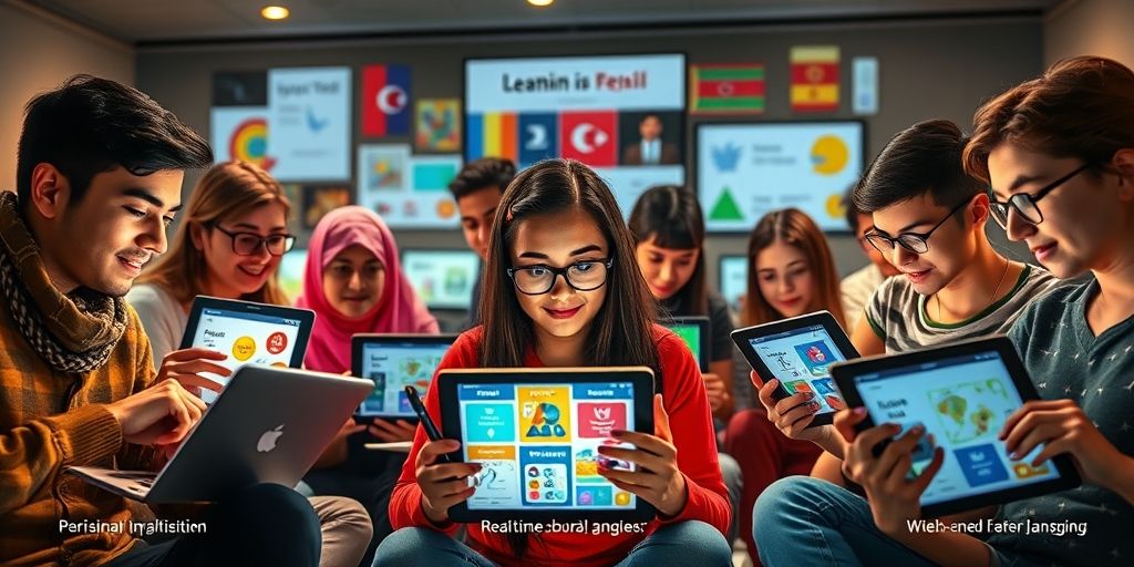 A diverse group of Persian language learners collaborating via a virtual AI-powered classroom, with real-time translation captions and interactive vocabulary games visible on their screens.