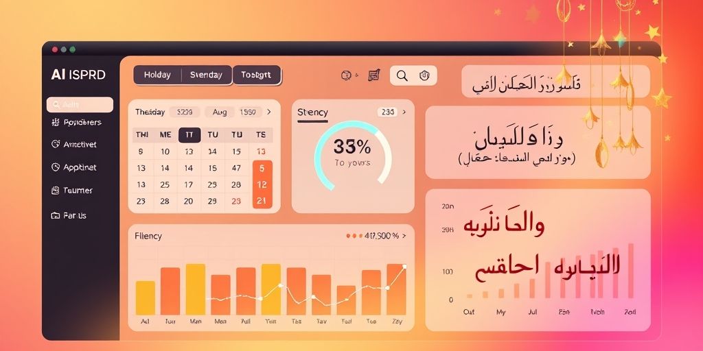 A motivational dashboard showing language learning progress with AI, including a calendar streak, fluency percentage, and personalized encouragement messages in Persian calligraphy.