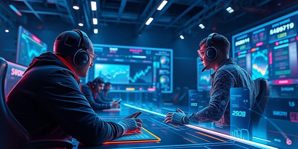 A dynamic esports setup showing adaptive AI scene rendering, players facing a responsive virtual coach, with performance metrics overlay and glowing pathways guiding decisions; futuristic and vibrant, yet approachable.