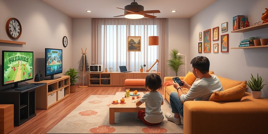 An inviting game room with a family-friendly setup, a child educational game and a parent controlling safety settings via AI, illustrating responsible personalization that respects user well-being and digital safety.