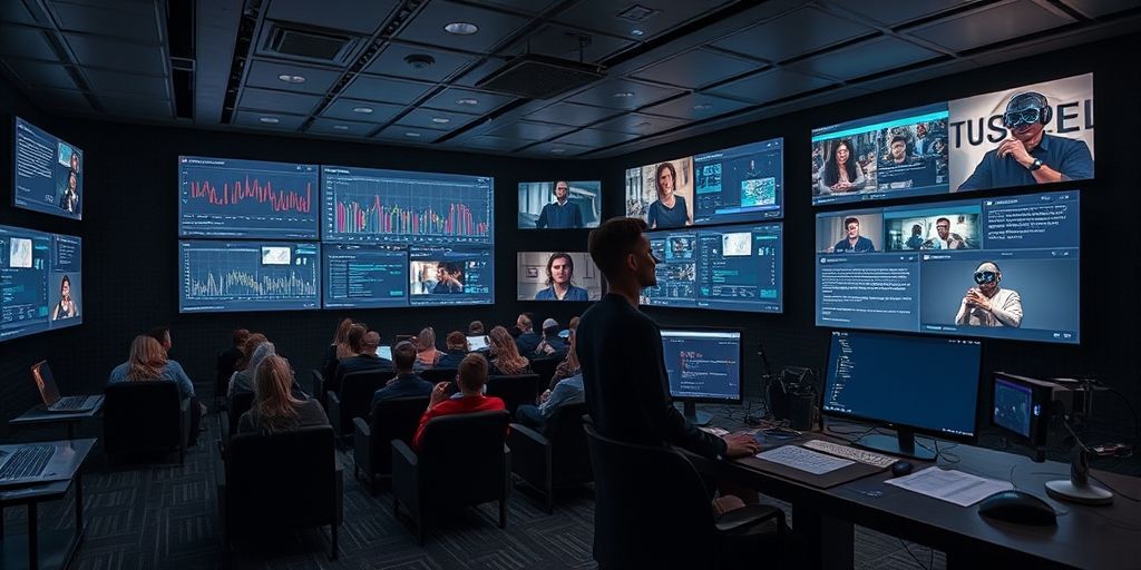 An expansive screening room showing AI-assisted editing on multiple screens, data-driven feedback graphs, diverse audience reactions, and a filmmaker’s desk with robots collaborating on screenplay notes.