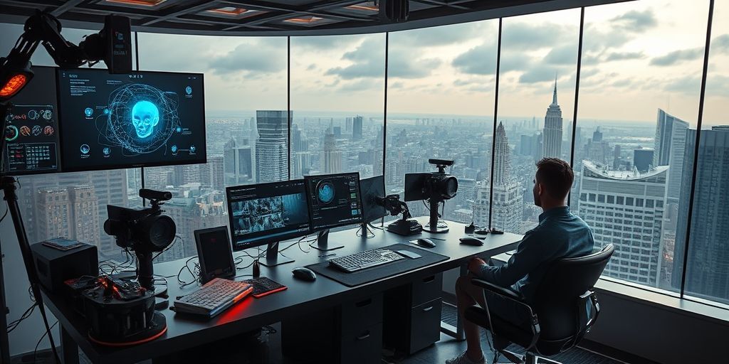 A futuristic director’s workstation overlooking a city, with an AI co-writer hologram, neural-style interfaces, and streaming pipelines; the scene blends human intuition with machine-speed, offering cinematic possibilities.